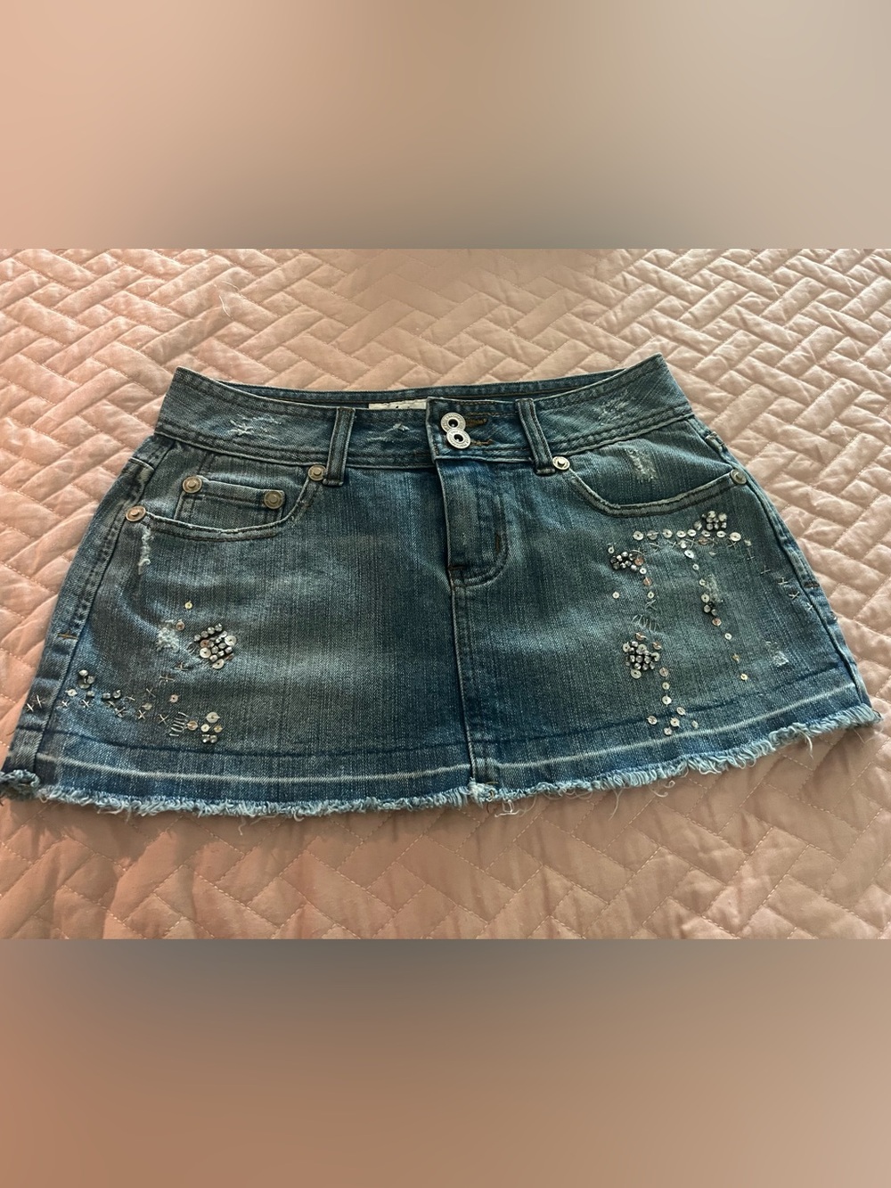 Denim Mini Skirt with Sequin Embellishments - Blue